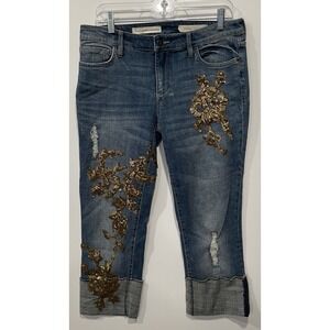 ANTHROPOLOGIE {Pilcro} Hyphen Gold‎ Sequin Patch Cuffed Cropped Blue Jeans sz 27